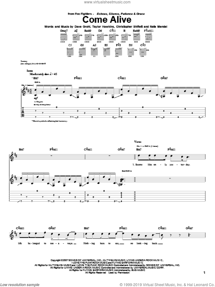 Come Alive sheet music for guitar (tablature) by Foo Fighters, Christopher Shiflett, Dave Grohl, Nate Mendel and Taylor Hawkins, intermediate skill level