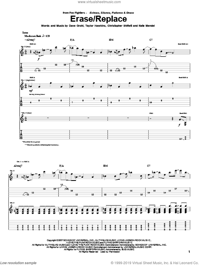 Erase/Replace sheet music for guitar (tablature) by Foo Fighters, Christopher Shiflett, Dave Grohl, Nate Mendel and Taylor Hawkins, intermediate skill level