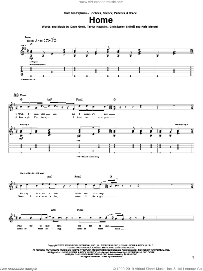 Home sheet music for guitar (tablature) by Foo Fighters, Christopher Shiflett, Dave Grohl, Nate Mendel and Taylor Hawkins, intermediate skill level
