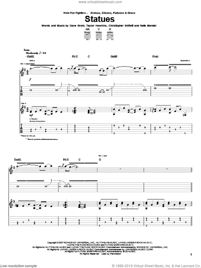 Statues sheet music for guitar (tablature) by Foo Fighters, Christopher Shiflett, Dave Grohl, Nate Mendel and Taylor Hawkins, intermediate skill level