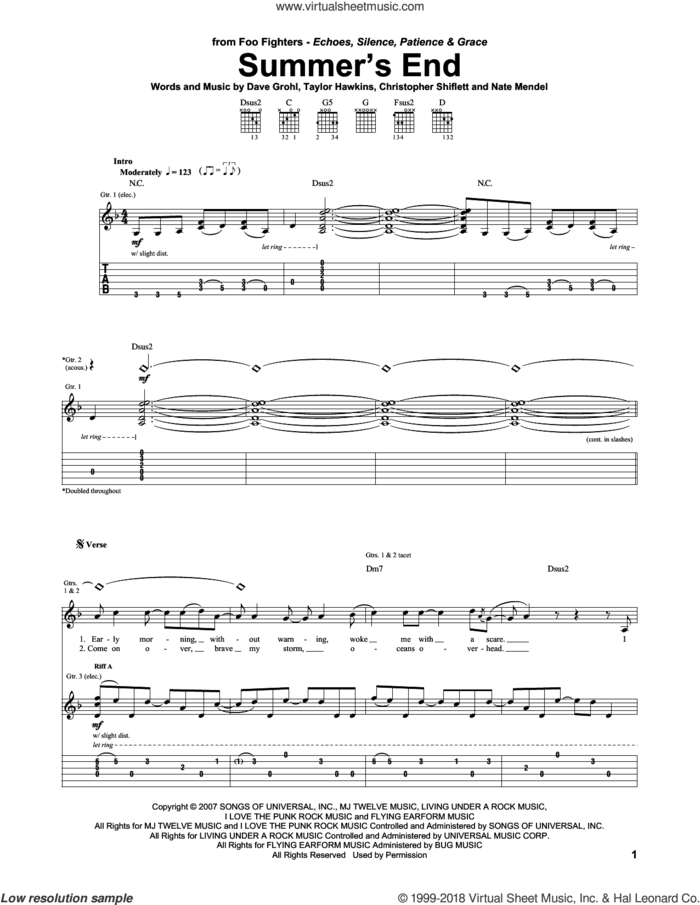 Summer's End sheet music for guitar (tablature) by Foo Fighters, Christopher Shiflett, Dave Grohl, Nate Mendel and Taylor Hawkins, intermediate skill level