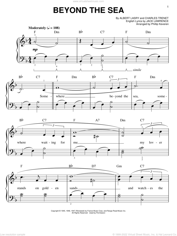 Beyond The Sea (arr. Phillip Keveren) sheet music for piano solo by Bobby Darin, Phillip Keveren, Albert Lasry, Charles Trenet and Jack Lawrence, easy skill level