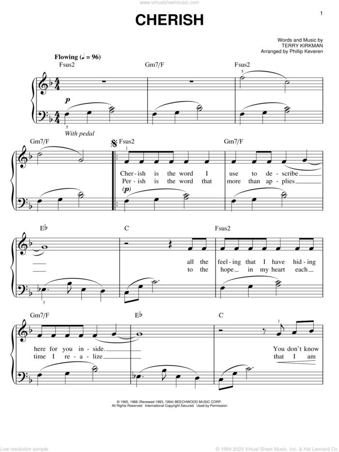 Cherish (arr. Phillip Keveren) sheet music for piano solo by The Association, Phillip Keveren and Terry Kirkman, easy skill level