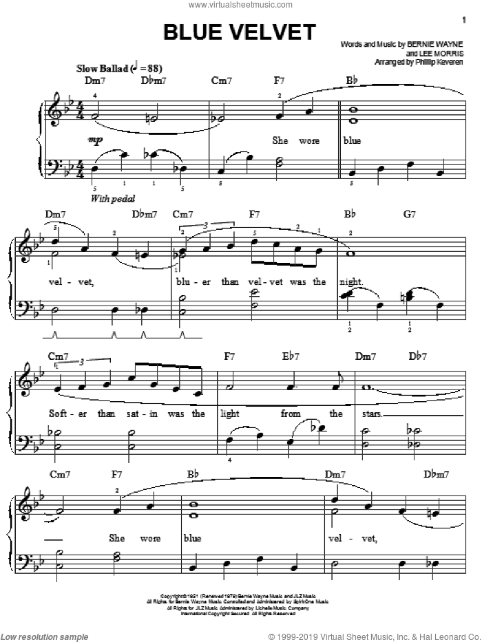 Blue Velvet (arr. Phillip Keveren) sheet music for piano solo by Bobby Vinton, Phillip Keveren, Tony Bennett, Bernie Wayne and Lee Morris, easy skill level