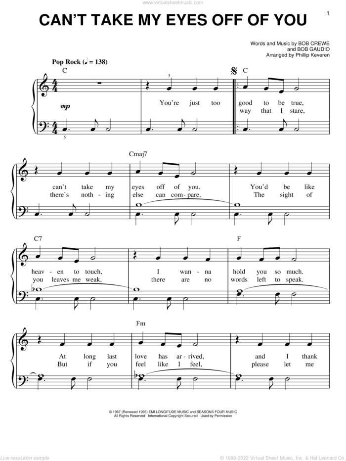Can't Take My Eyes Off Of You (from Jersey Boys) (arr. Phillip Keveren) sheet music for piano solo by Frankie Valli & The Four Seasons, Phillip Keveren, Frankie Valli, The Four Seasons, Bob Crewe and Bob Gaudio, wedding score, easy skill level