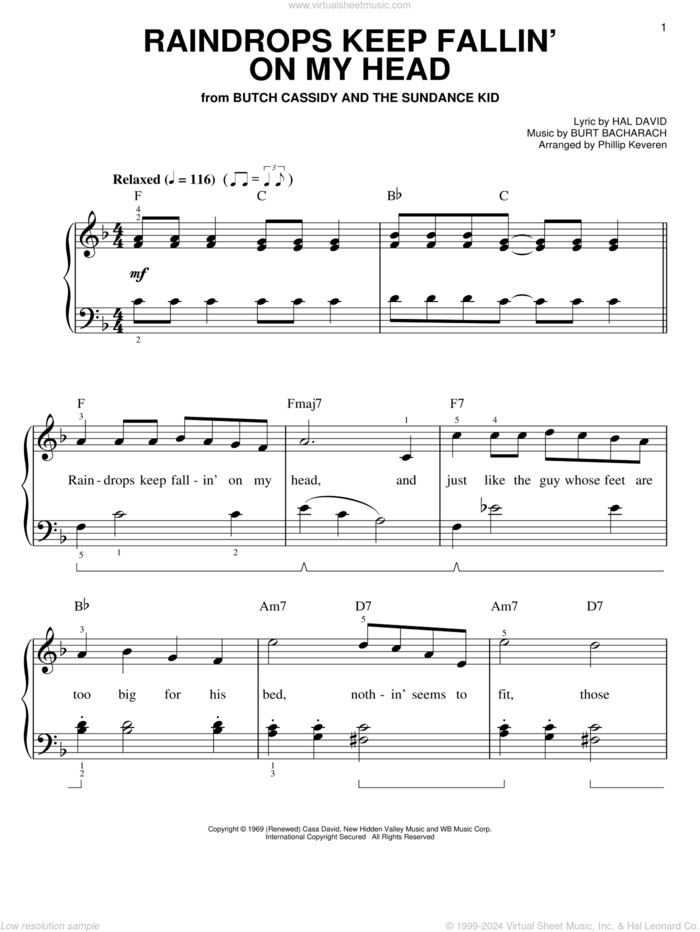 Raindrops Keep Fallin' On My Head (arr. Phillip Keveren) sheet music for piano solo by B.J. Thomas, Phillip Keveren, Bacharach & David, Burt Bacharach and Hal David, easy skill level