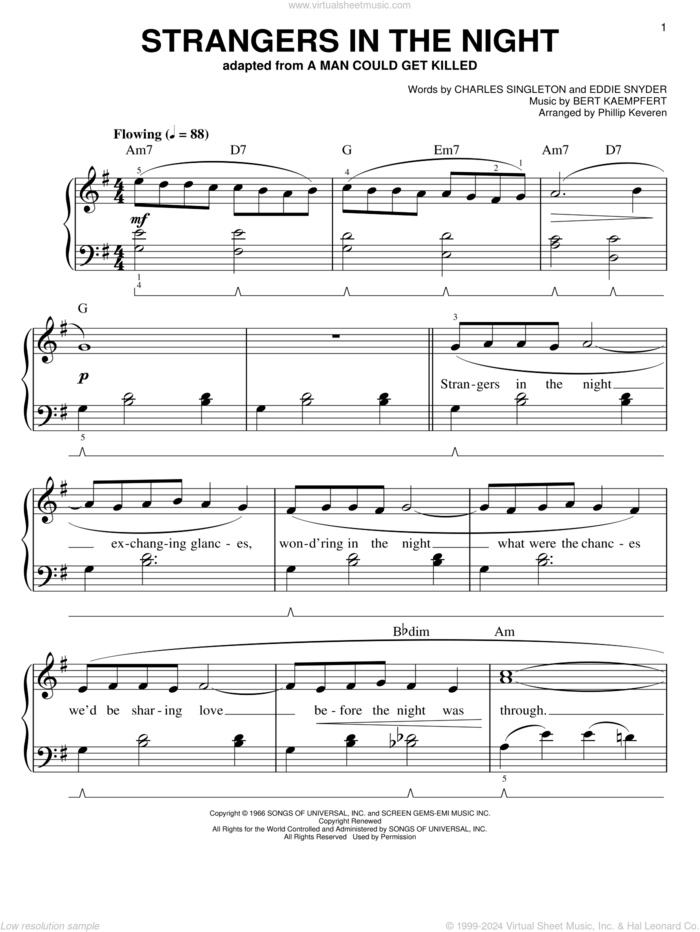 Strangers In The Night (arr. Phillip Keveren) sheet music for piano solo by Frank Sinatra, Phillip Keveren, Bert Kaempfert, Charles Singleton and Eddie Snyder, easy skill level