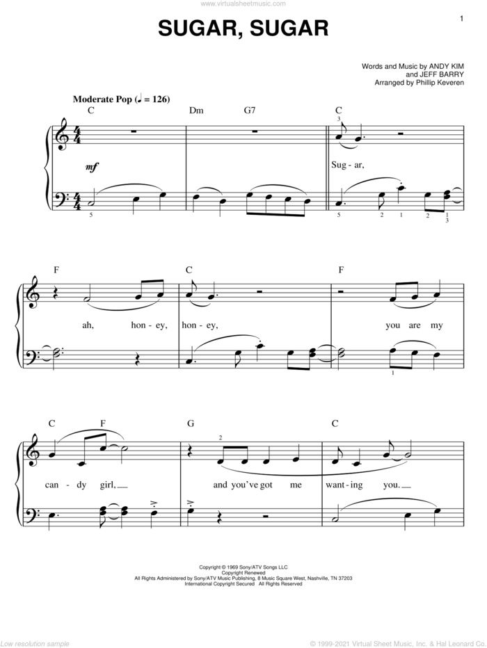 Sugar, Sugar (arr. Phillip Keveren) sheet music for piano solo by The Archies, Phillip Keveren, Andy Kim and Jeff Barry, easy skill level