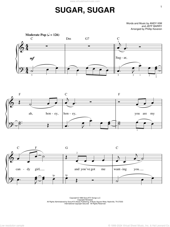 Sugar, Sugar (arr. Phillip Keveren), (easy) sheet music for piano solo by The Archies, Phillip Keveren, Andy Kim and Jeff Barry, easy skill level