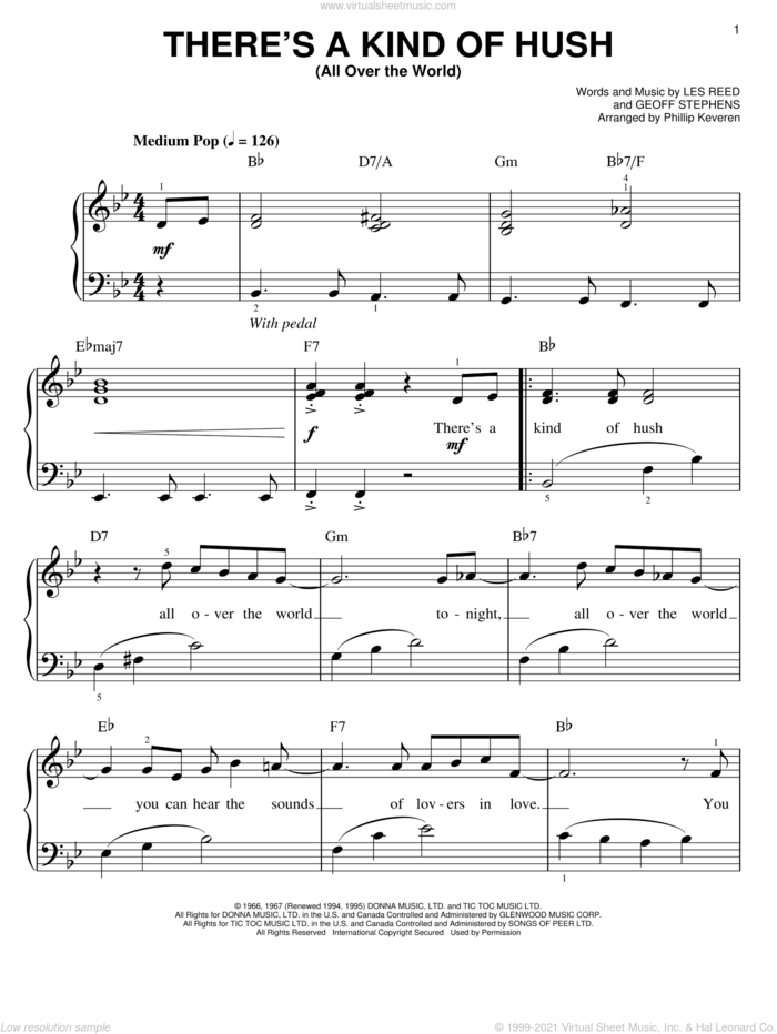 There's A Kind Of Hush (All Over The World) (arr. Phillip Keveren) sheet music for piano solo by Herman's Hermits, Phillip Keveren, Carpenters, Geoff Stephens and Les Reed, easy skill level