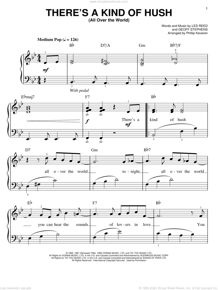 There's A Kind Of Hush (All Over The World) (arr. Phillip Keveren) sheet music for piano solo by Herman's Hermits, Phillip Keveren, Carpenters, Geoff Stephens and Les Reed, easy skill level