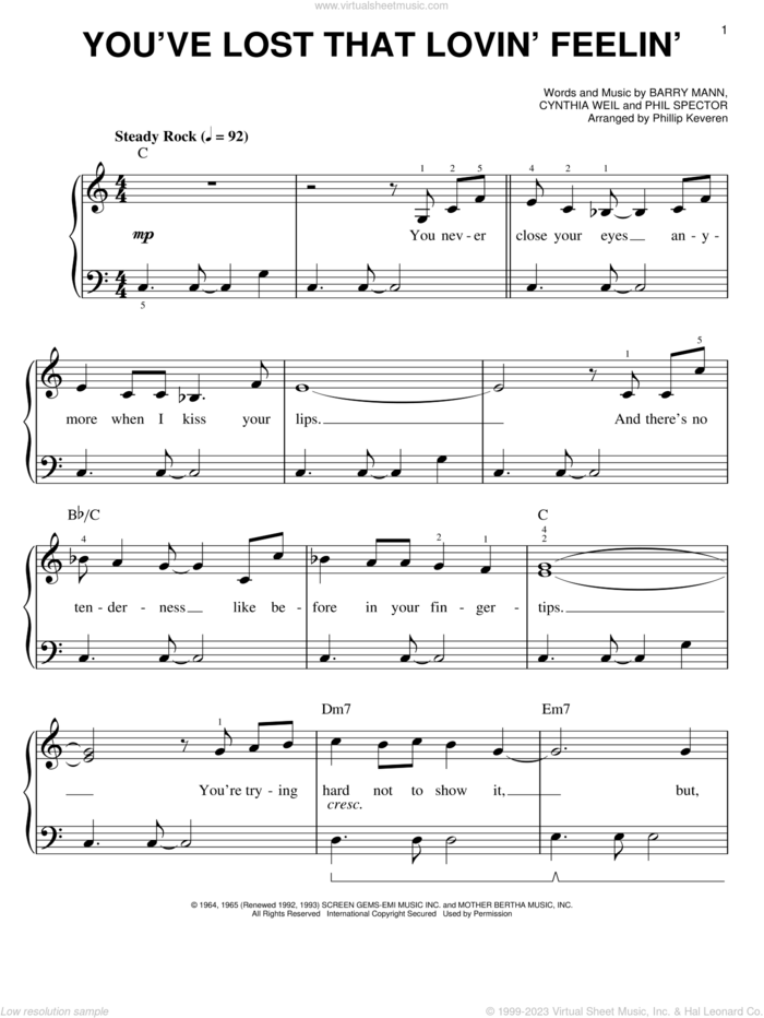 You've Lost That Lovin' Feelin' (arr. Phillip Keveren) sheet music for piano solo by The Righteous Brothers, Phillip Keveren, Elvis Presley, Barry Mann, Cynthia Weil and Phil Spector, easy skill level