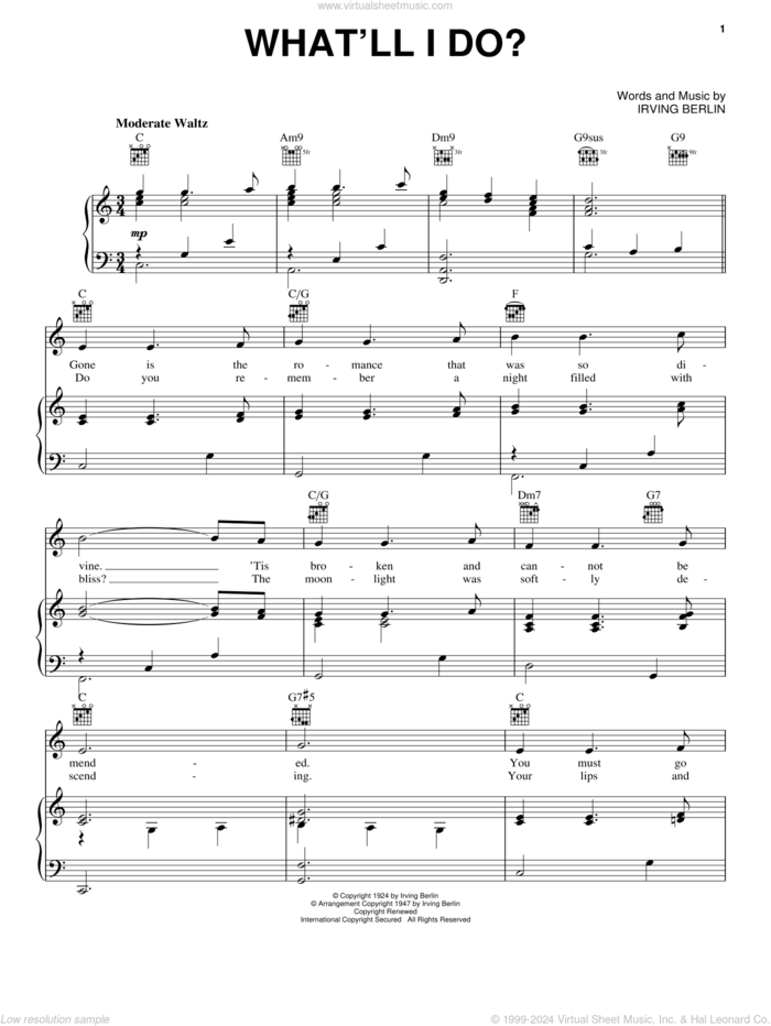 What'll I Do? sheet music for voice, piano or guitar by Irving Berlin, Frank Sinatra, Nat King Cole and Perry Como, intermediate skill level