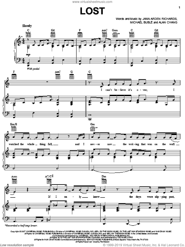 Lost sheet music for voice, piano or guitar by Michael Buble, Alan Chang and Jann Arden Richards, intermediate skill level