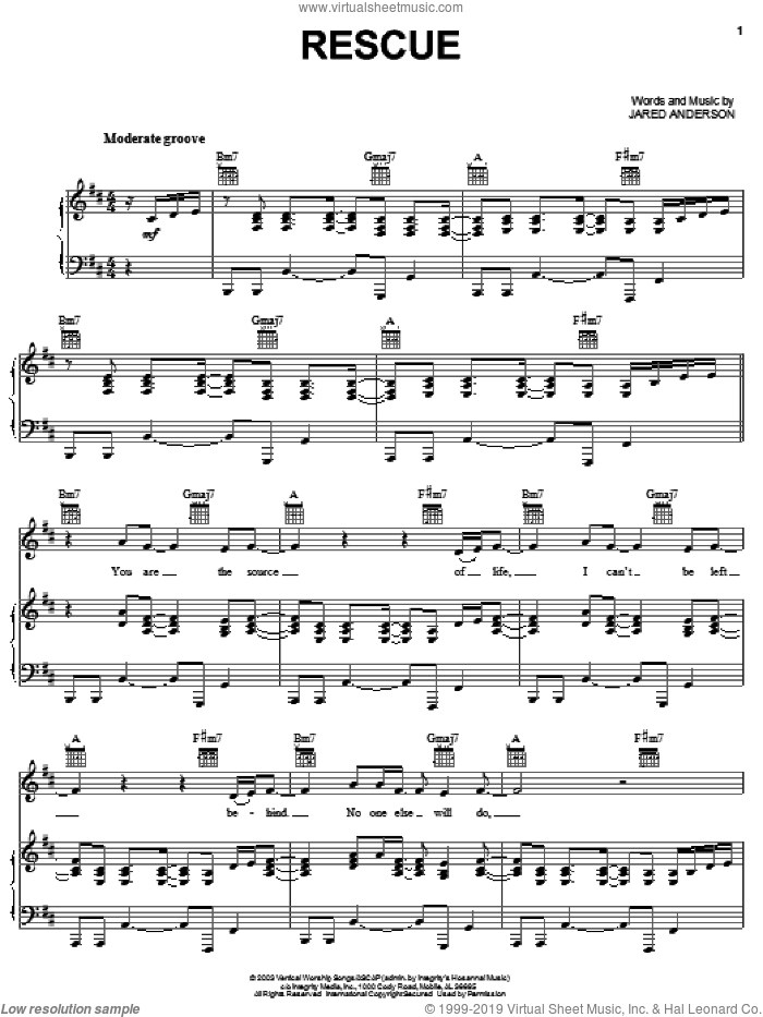 Rescue sheet music for voice, piano or guitar by Jared Anderson, intermediate skill level