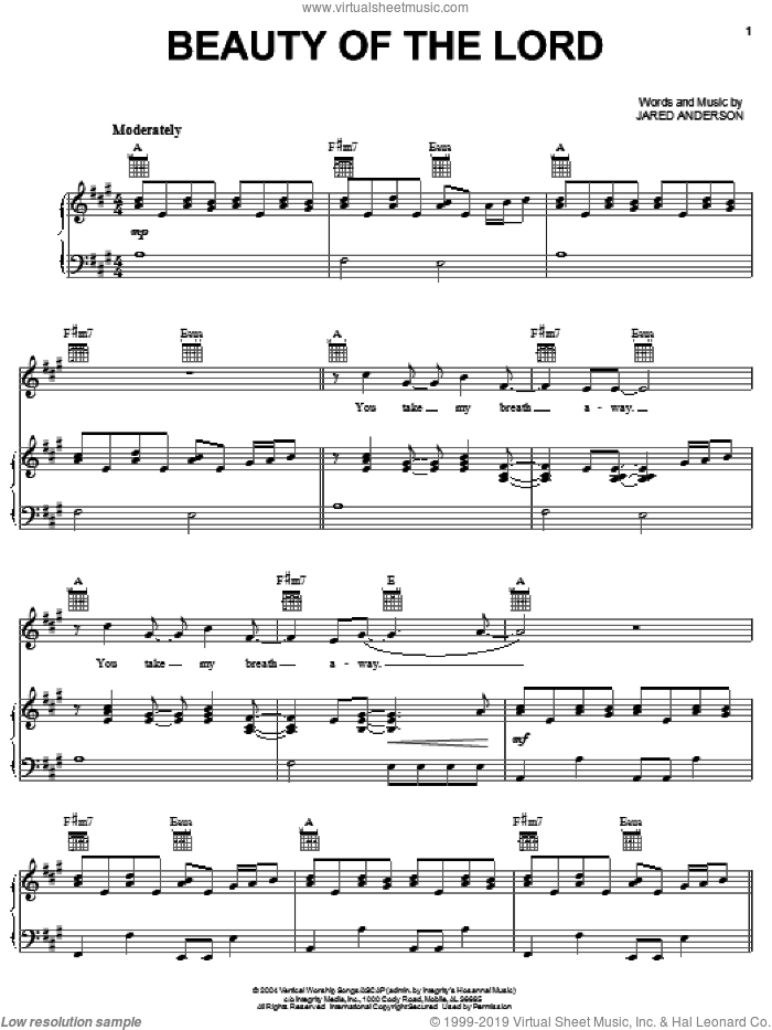 Beauty Of The Lord sheet music for voice, piano or guitar by Jared Anderson, intermediate skill level