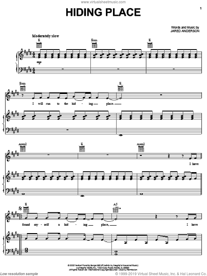 Hiding Place sheet music for voice, piano or guitar by Jared Anderson, intermediate skill level
