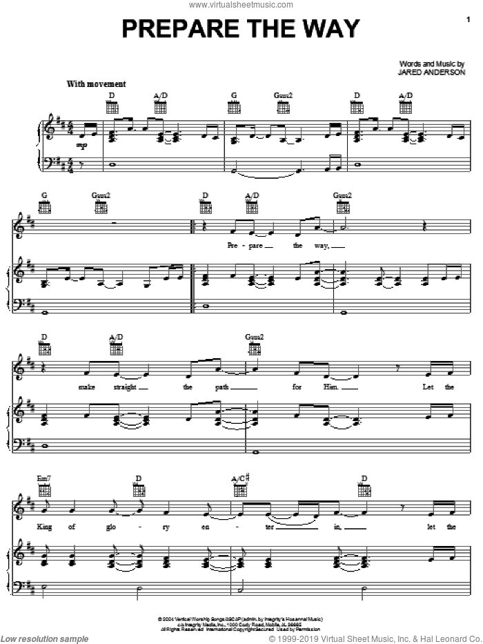 Prepare The Way sheet music for voice, piano or guitar by Jared Anderson, intermediate skill level