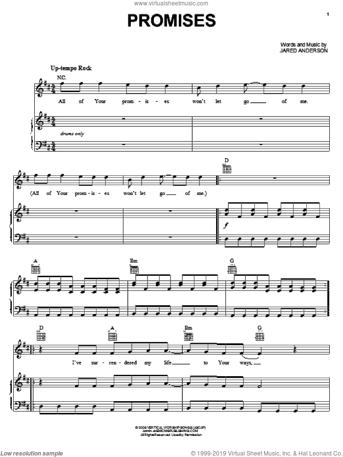 Promises sheet music for voice, piano or guitar by Jared Anderson, intermediate skill level