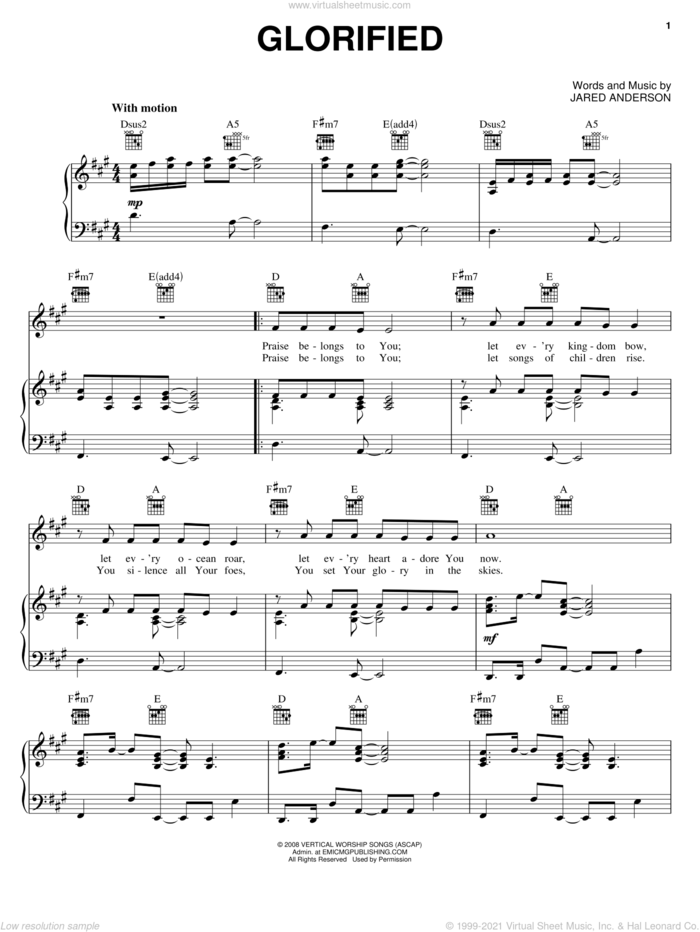 Glorified sheet music for voice, piano or guitar by Jared Anderson, intermediate skill level