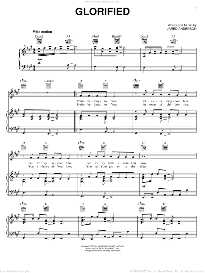 Glorified sheet music for voice, piano or guitar by Jared Anderson, intermediate skill level