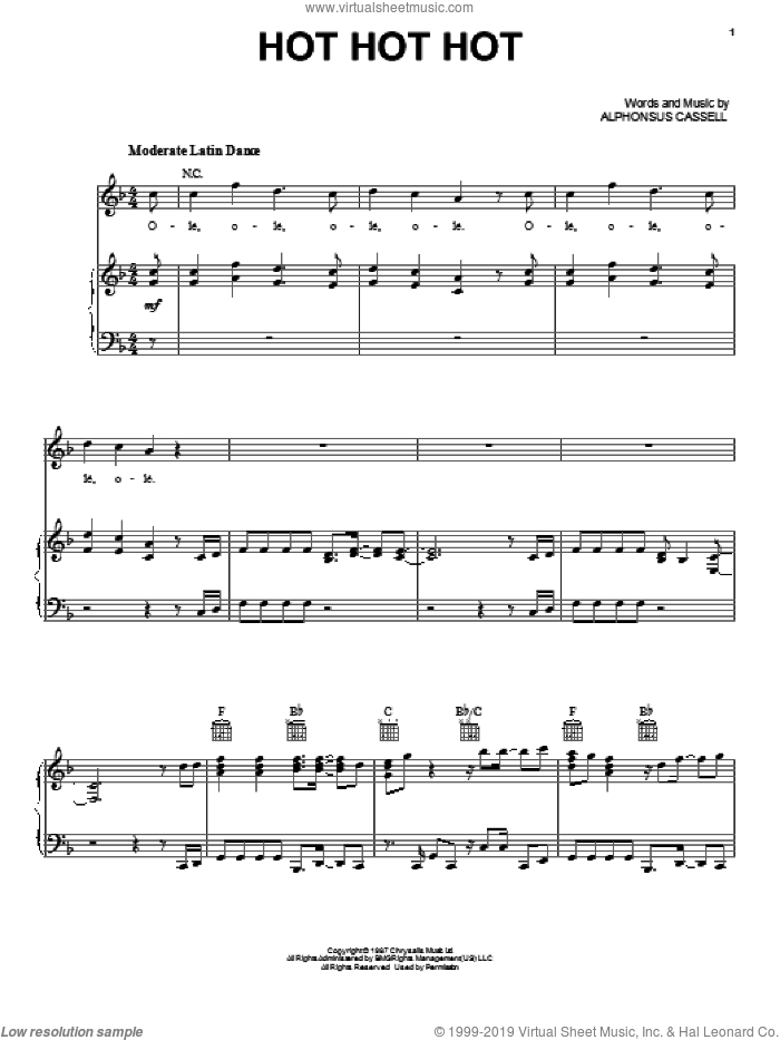 Hot Hot Hot sheet music for voice, piano or guitar by Buster Poindexter, Arrow and Alphonsus Cassell, intermediate skill level