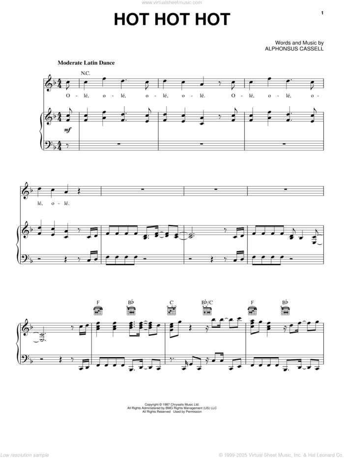 Hot Hot Hot sheet music for voice, piano or guitar by Buster Poindexter, Arrow and Alphonsus Cassell, intermediate skill level