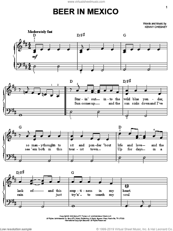 Beer In Mexico sheet music for piano solo by Kenny Chesney, easy skill level