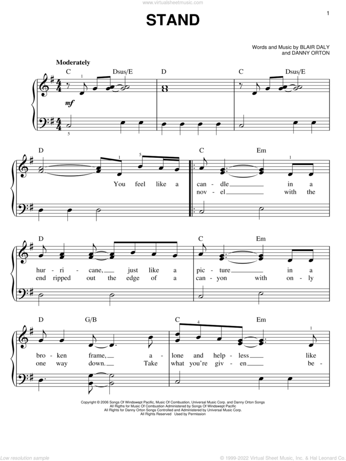 Stand sheet music for piano solo by Rascal Flatts, Blair Daly and Danny Orton, easy skill level