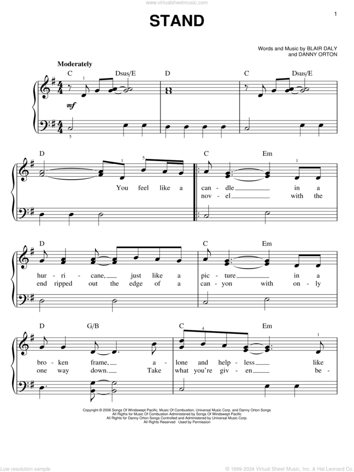 Stand sheet music for piano solo by Rascal Flatts, Blair Daly and Danny Orton, easy skill level