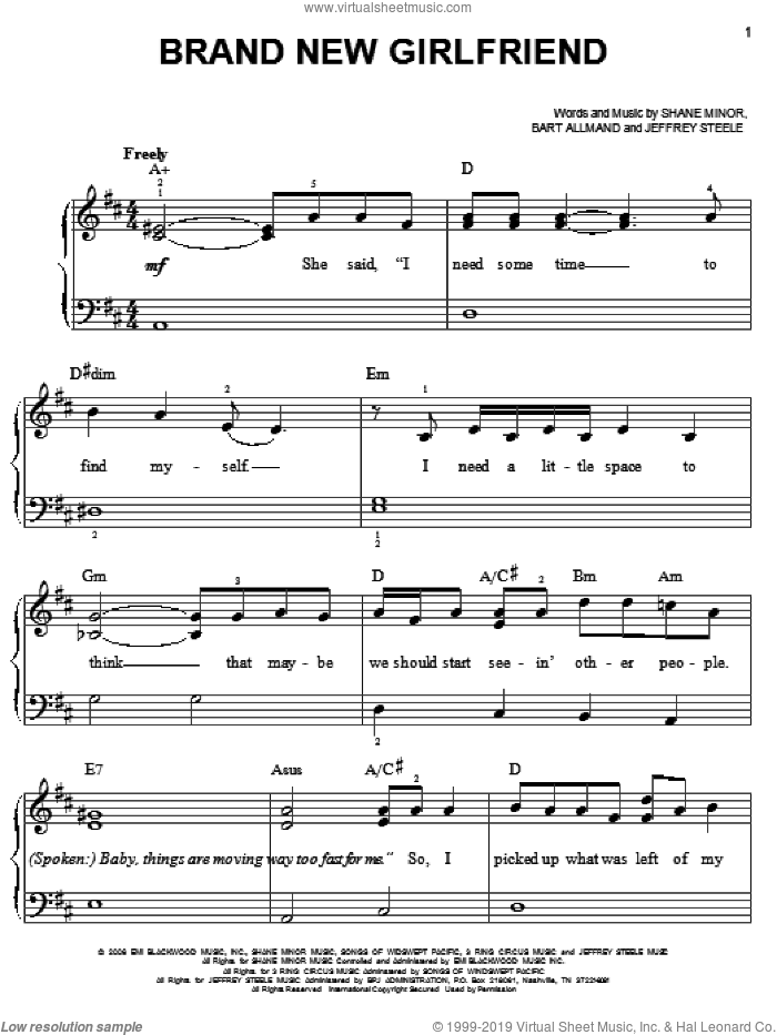 Brand New Girlfriend sheet music for piano solo by Steve Holy, Bart Allmand, Jeffrey Steele and Shane Minor, easy skill level