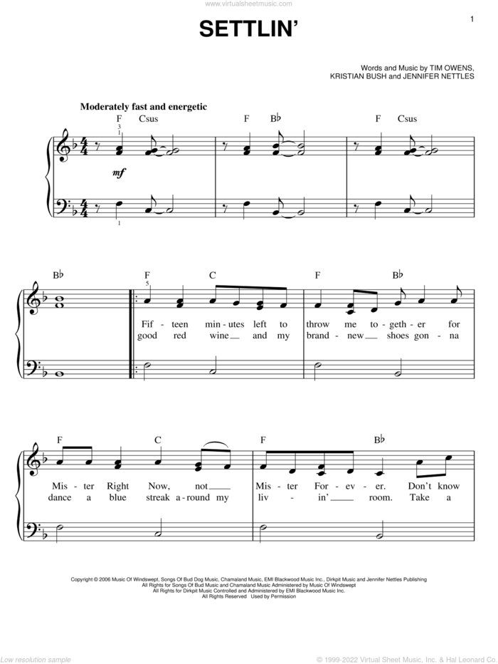 Settlin' sheet music for piano solo by Sugarland, Jennifer Nettles, Kristian Bush and Tim Owens, easy skill level