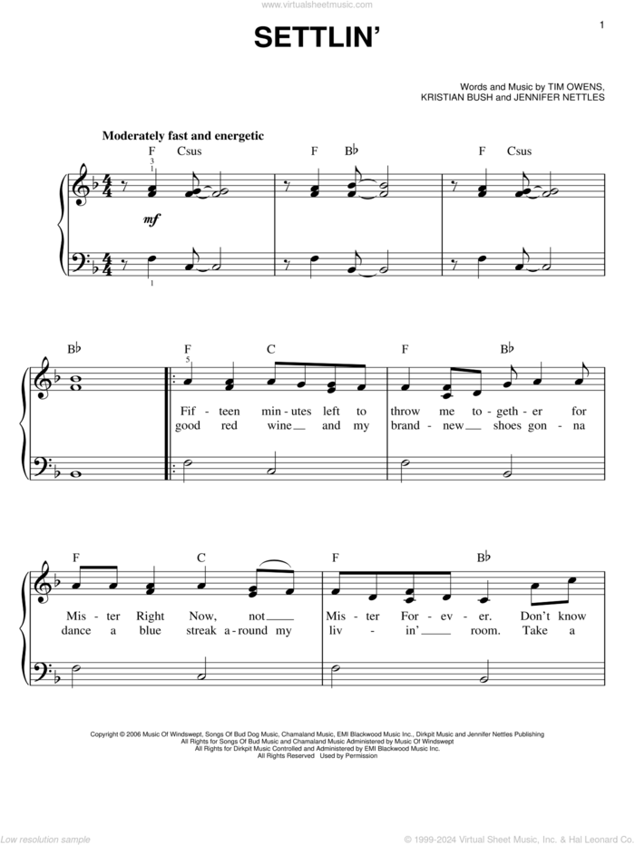 Settlin' sheet music for piano solo by Sugarland, Jennifer Nettles, Kristian Bush and Tim Owens, easy skill level