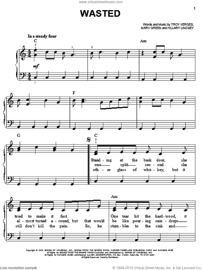 Wasted sheet music for piano solo by Carrie Underwood, Hillary Lindsey, Marv Green and Troy Verges, easy skill level