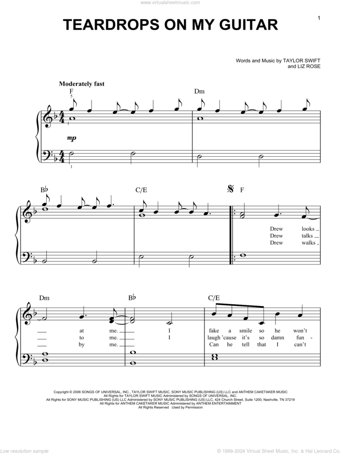 Teardrops On My Guitar, (easy) sheet music for piano solo by Taylor Swift and Liz Rose, easy skill level