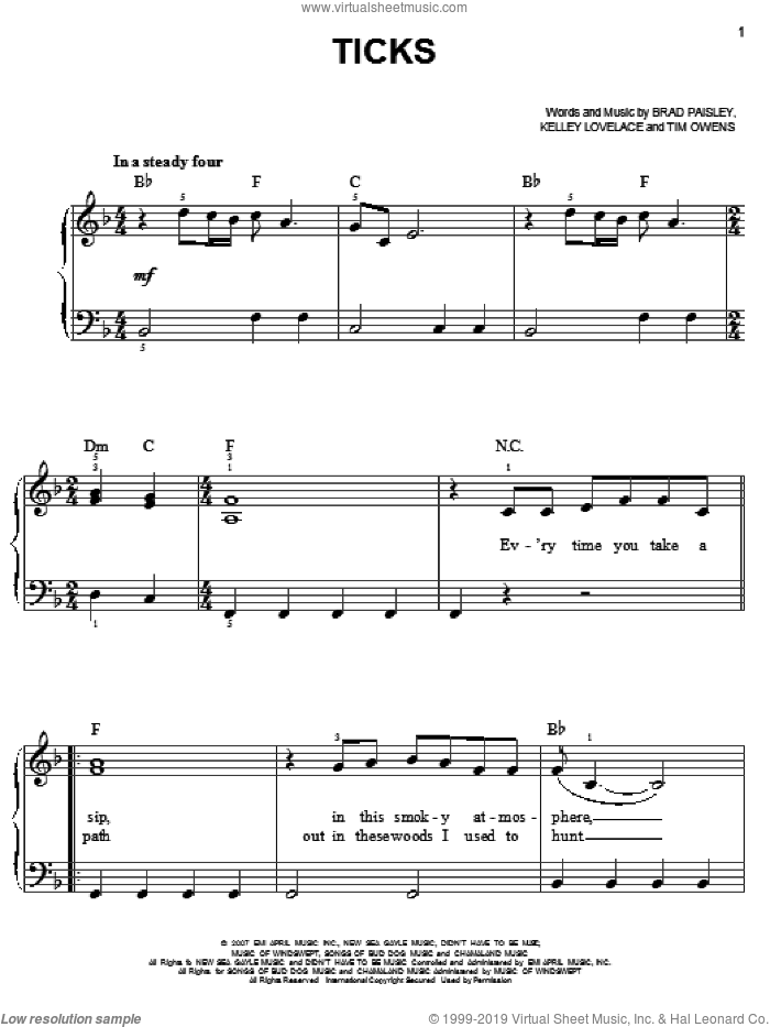 Ticks sheet music for piano solo by Brad Paisley, Kelley Lovelace and Tim Owens, easy skill level