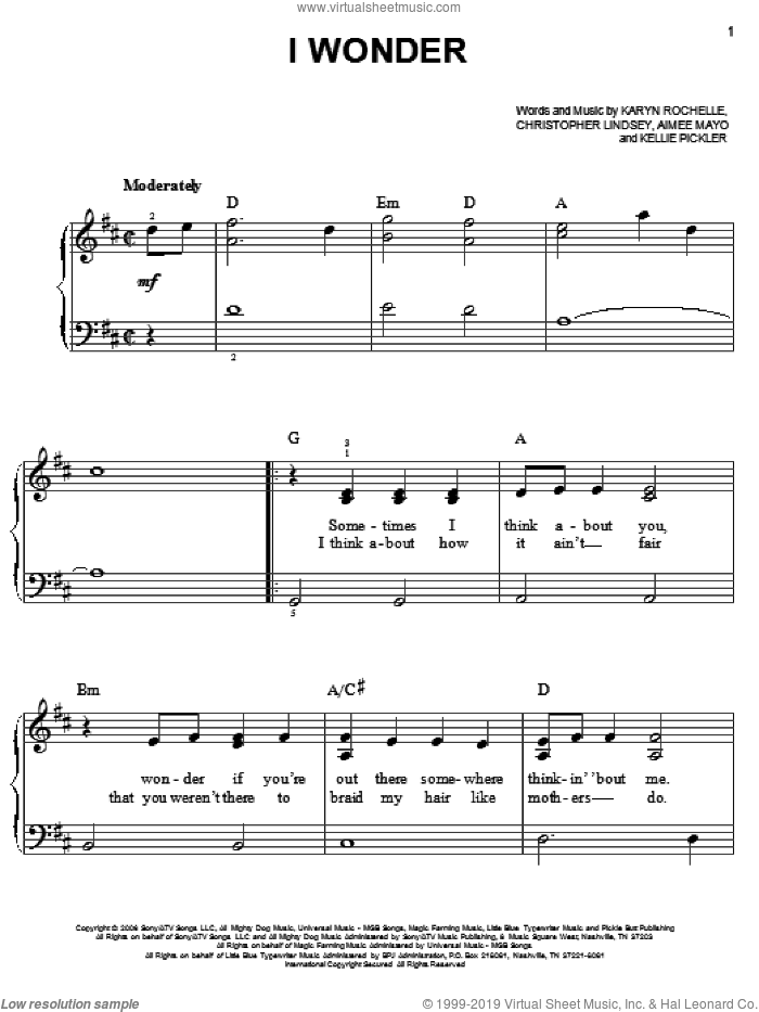 I Wonder sheet music for piano solo by Kellie Pickler, Aimee Mayo, Christopher Lindsey and Karyn Rochelle, easy skill level