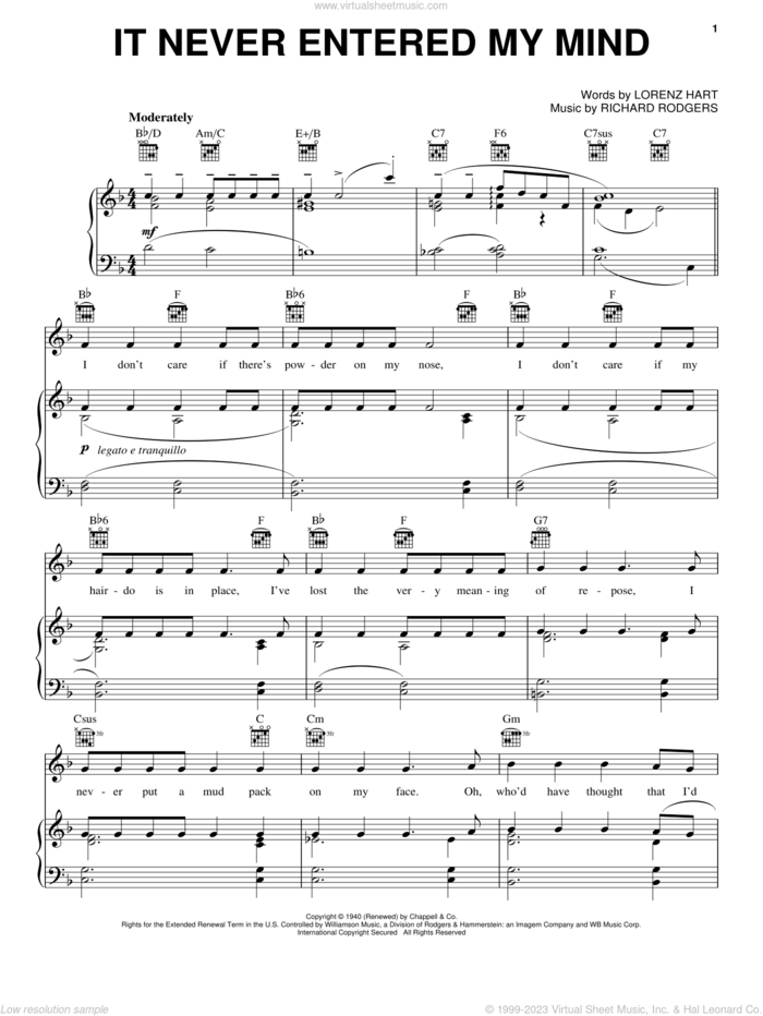 It Never Entered My Mind sheet music for voice, piano or guitar by Frank Sinatra, Jane Monheit, Rodgers & Hart, Stacey Kent, Lorenz Hart and Richard Rodgers, intermediate skill level