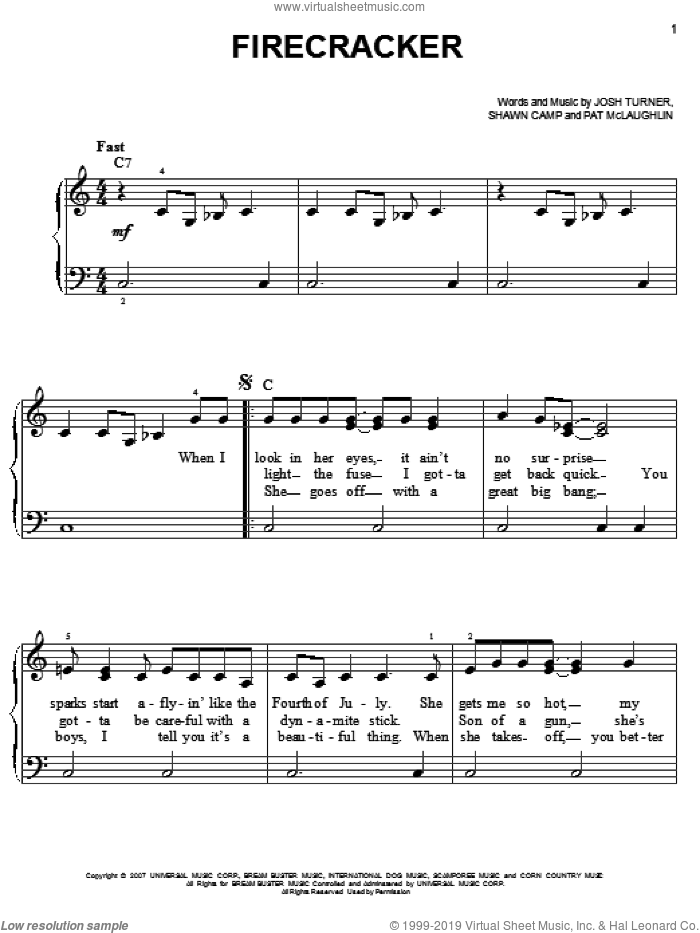 Firecracker sheet music for piano solo by Josh Turner, Pat McLaughlin and Shawn Camp, easy skill level