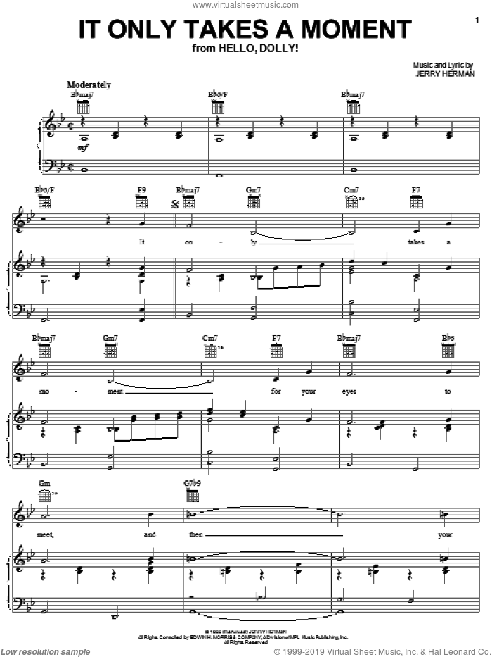 It Only Takes A Moment sheet music for voice, piano or guitar by Jerry Herman and Hello, Dolly! (Musical), intermediate skill level