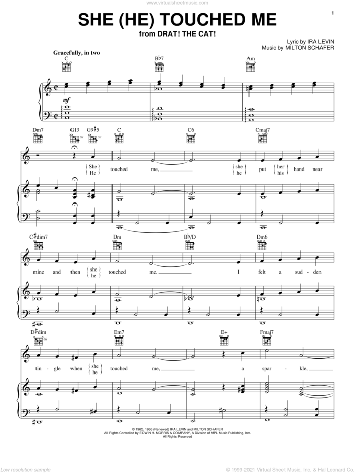 She (He) Touched Me sheet music for voice, piano or guitar by Ira Levin and Milton Schafer, intermediate skill level