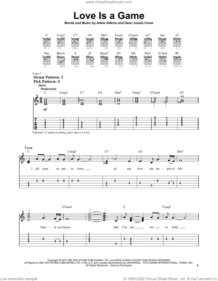 Love Is A Game sheet music for guitar solo (easy tablature) by Adele, Adele Adkins and Dean Josiah Cover, easy guitar (easy tablature)