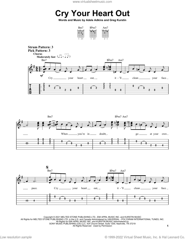 Cry Your Heart Out sheet music for guitar solo (easy tablature) by Adele, Adele Adkins and Greg Kurstin, easy guitar (easy tablature)