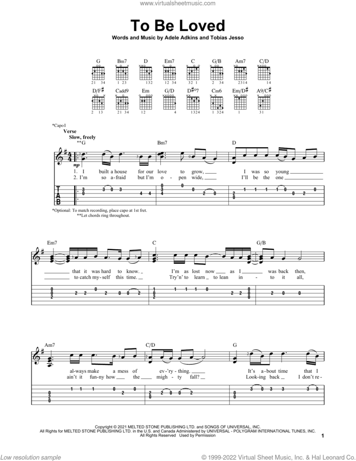 To Be Loved sheet music for guitar solo (easy tablature) by Adele, Adele Adkins and Tobias Jesso Jr., easy guitar (easy tablature)