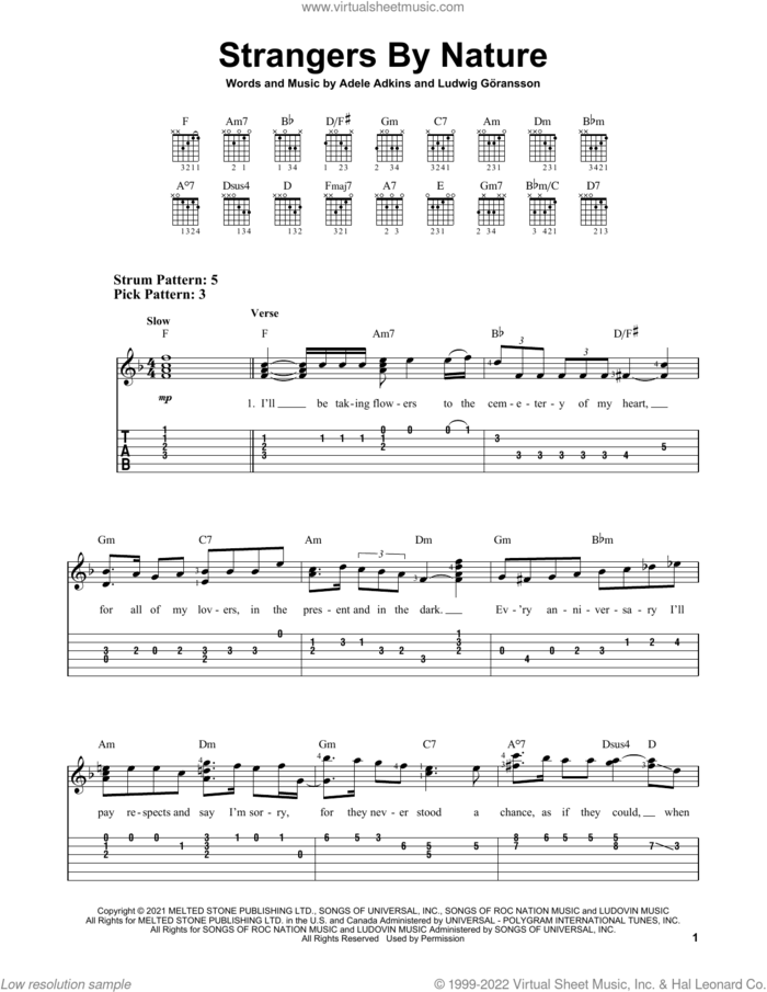 Strangers By Nature sheet music for guitar solo (easy tablature) by Adele, Adele Adkins and Ludwig Goransson, easy guitar (easy tablature)