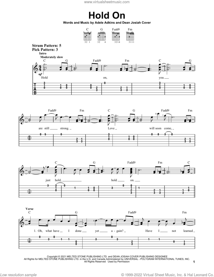 Hold On sheet music for guitar solo (easy tablature) by Adele, Adele Adkins and Dean Josiah Cover, easy guitar (easy tablature)
