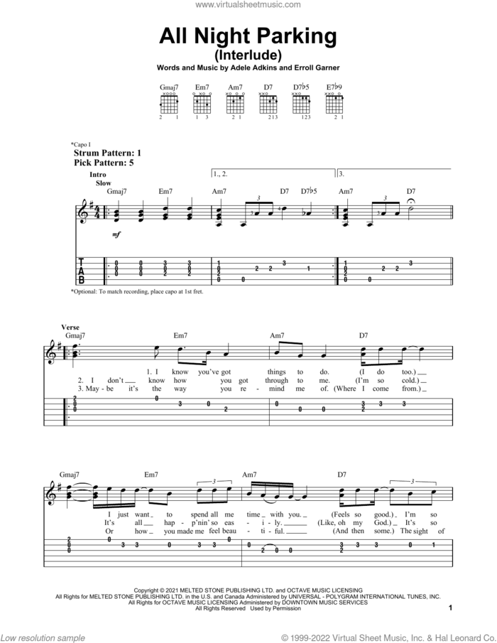 All Night Parking (Interlude) sheet music for guitar solo (easy tablature) by Adele, Adele Adkins and Erroll Garner, easy guitar (easy tablature)