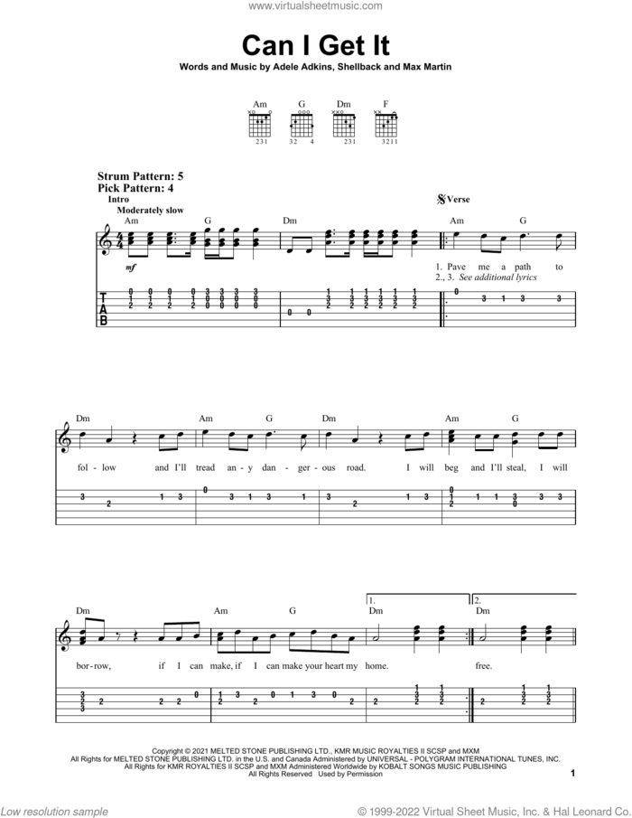 Can I Get It sheet music for guitar solo (easy tablature) by Adele, Adele Adkins, Max Martin and Shellback, easy guitar (easy tablature)