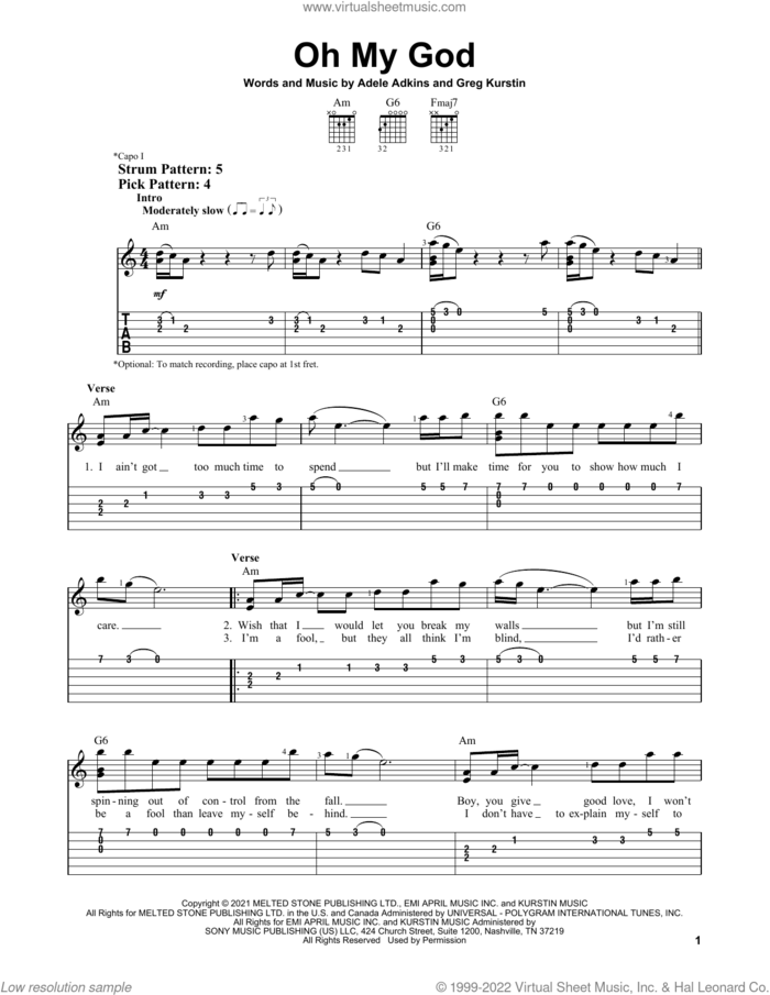 Oh My God sheet music for guitar solo (easy tablature) by Adele, Adele Adkins and Greg Kurstin, easy guitar (easy tablature)