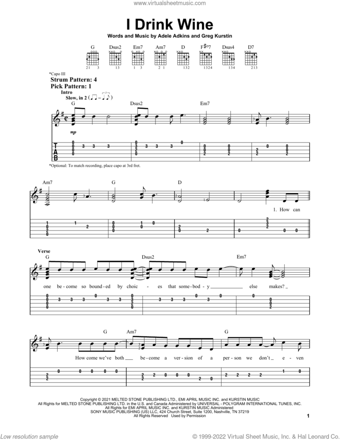 I Drink Wine sheet music for guitar solo (easy tablature) by Adele, Adele Adkins and Greg Kurstin, easy guitar (easy tablature)